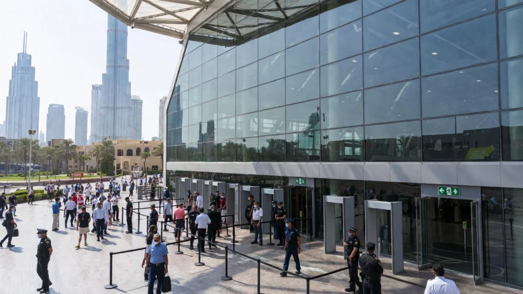 Dubai public safety regulations illustration showing security checks and crowd management at a public event venue with the Dubai skyline in the background.
