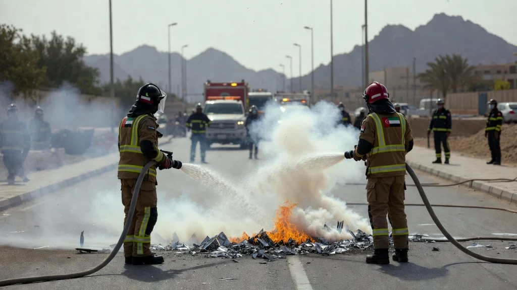 Emergency responders in Fujairah extinguish a fire caused by falling drone interception debris, with smoke rising and emergency vehicles nearby (AI-generated image).