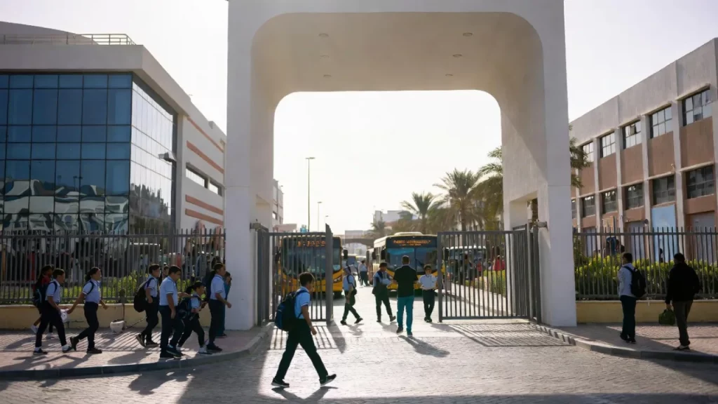 AI-generated photo showing students and parents entering a modern school in Dubai, with school buses and contemporary architecture under soft daylight.