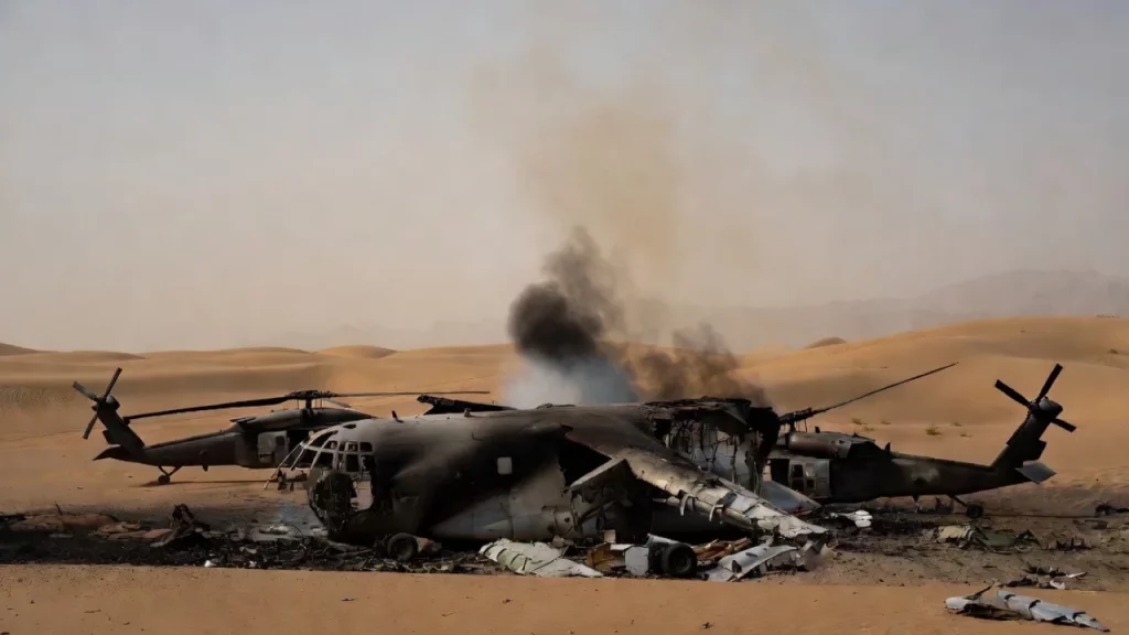 AI-generated image showing the aftermath of a military rescue mission in the desert near Isfahan, Iran. A partially burned crashed military transport aircraft and a damaged Black Hawk helicopter lie amid scattered debris on the sand, with smoke rising into the early morning sky and distant mountains in the background.