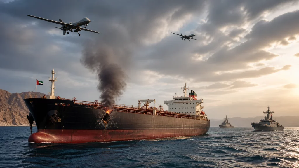 Oil tanker under drone attack in the Strait of Hormuz near UAE waters with smoke rising and naval ships nearby (AI-generated image)